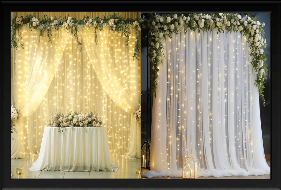 BACKDROP CURTAINS DRAPE WHITE & GOLDEN